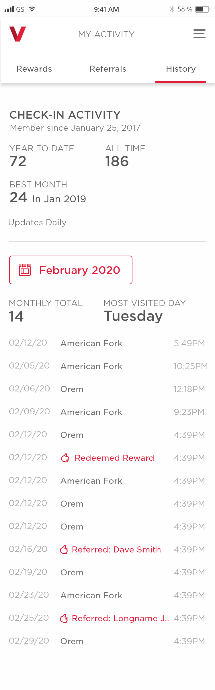 Check-in activity history